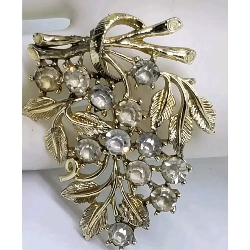 Vintage Brooch Figural Leaf Clear Rhinestone Gold Tone